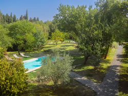 Garden paths and aerial view of the swimming pool area at our 17th-century estate